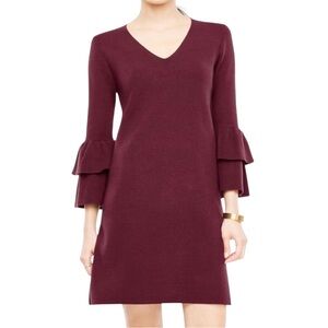 Ann Taylor Burgundy v neck Long ruffle Sleeve knit Dress size medium